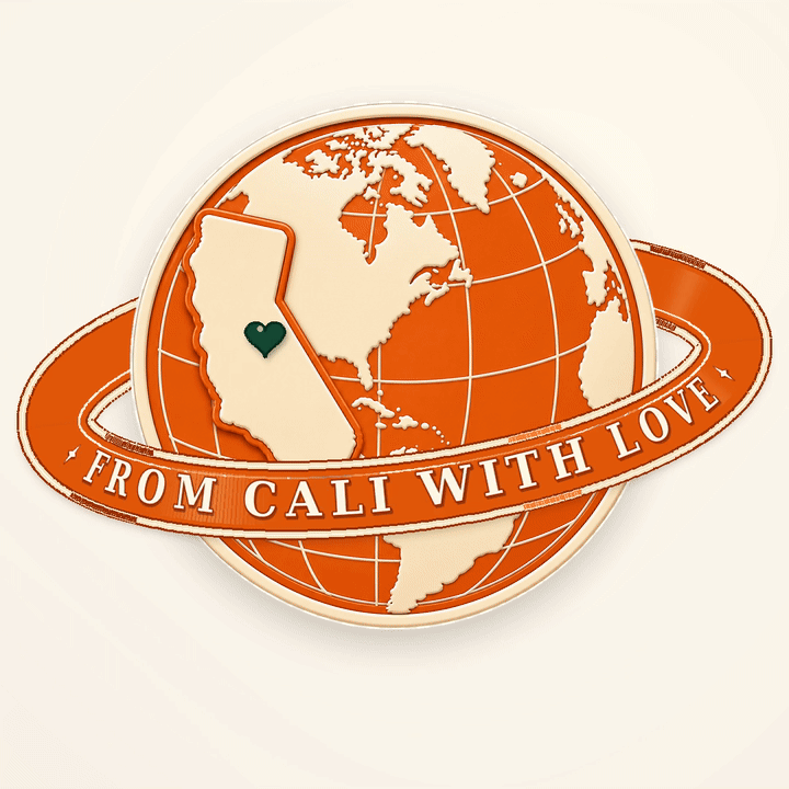 Animated orange and crème globe with California and a gently beating green heart, encircled by From Cali With Love
