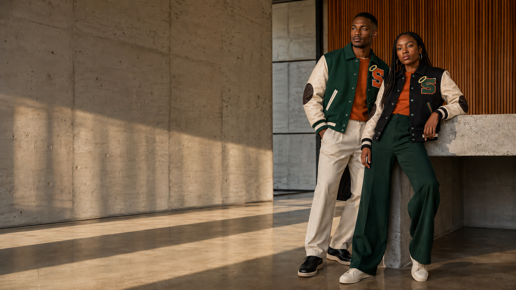 Two models wearing SoleSeekers green and black varsity jackets with orange, crème, forest green, and black outfits in a warm architectural setting